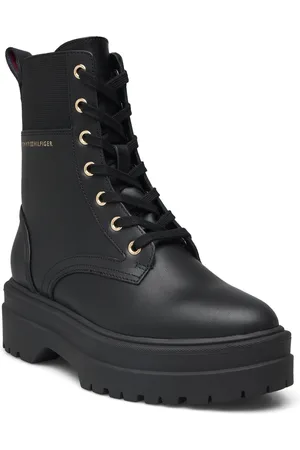 Tommy Hilfiger Leather Elastic Rib Laceup Shoes Boots Ankle Boots Laced Boots Black