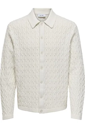 Only & Sons Onsleonard Life Reg 7 Cable Shirt Knit Tops Knitwear Full Zip Jumpers White