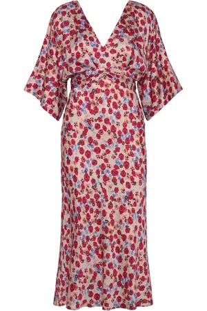 By Malina Juno V-Neck Satin Midi Dress Designers Knee-length & Midi Pink