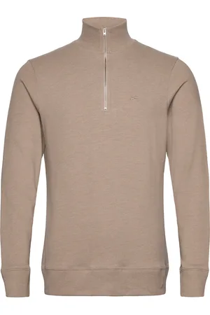 Denham Mens Pullover Lg. Sleeve Crew-Neck Tops Knitwear Half Zip Jumpers Beige