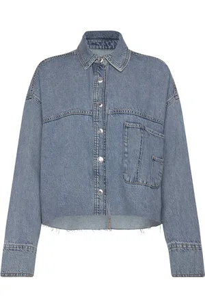 MANGO Denim Overshirt With Frayed Hem Tops Shirts Denim Shirts Blue