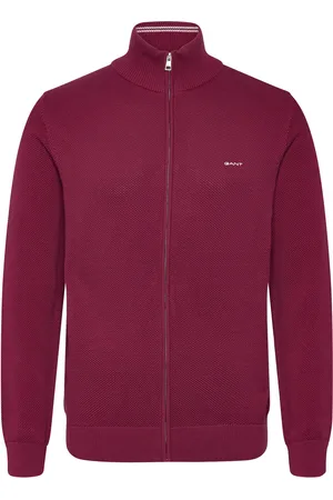 GANT Cotton Pique Zip Cardigan Tops Knitwear Full Zip Jumpers Burgundy