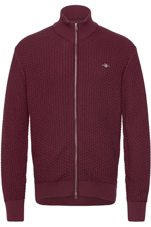 GANT Cotton Texture Zip Cardigan Tops Knitwear Full Zip Jumpers Burgundy