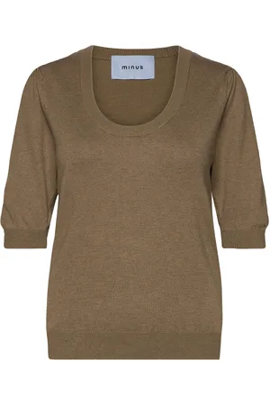 Minus Pam Scoop Neck Knit T-Shirt Tops Knitwear Jumpers Khaki Green