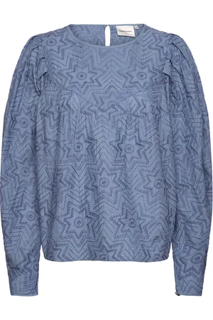 Fabienne Chapot Mya Top Allover Embro Tops Blouses Long-sleeved Blue