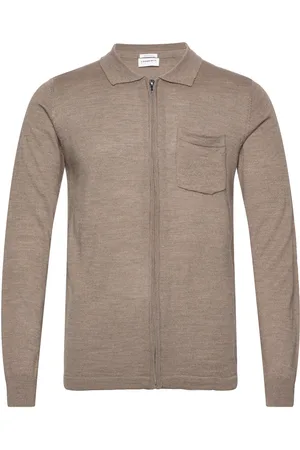 Lindbergh Merino Polo Collar Zip Cardigan Tops Knitwear Full Zip Jumpers Beige