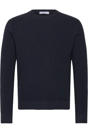 MANGO Ribbed Cotton Knitted Sweater Tops Knitwear Round Necks Navy