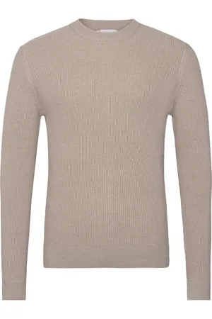 MANGO Ribbed Cotton Knitted Sweater Tops Knitwear Round Necks Beige