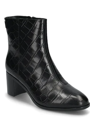 Ralph Lauren Cassie Crocodile-Embossed Leather Bootie Shoes Boots Ankle Boots Ankle Boots With Heel Black