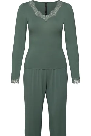 Hunkemöller Pj Ls Viscose Lace Pyjamas Nattøj Khaki Green
