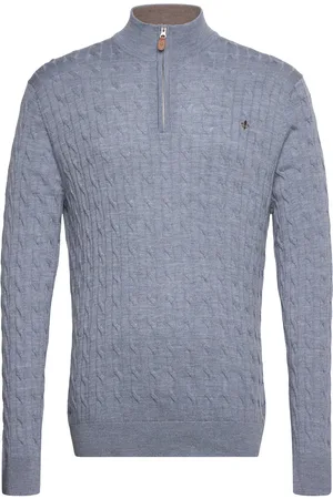 Morris Merino Cable John Zip Designers Knitwear Half Zip Jumpers Blue