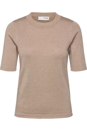 SELECTED Slflura Lurex 2/4 Knit O-Neck Tops Shirts Short-sleeved Beige
