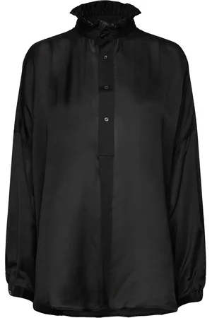 Ralph Lauren Ruffled-Collar Silk-Blend Tunic Tops Blouses Long-sleeved Black