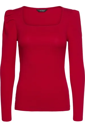 Ralph Lauren Stretch Cotton Ribbed Puff-Sleeve Tee Tops T-shirts & Tops Long-sleeved Red