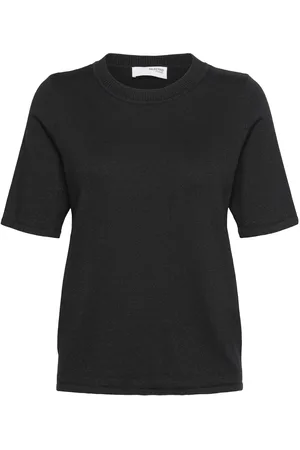 SELECTED Slflura Lurex 2/4 Knit O-Neck Tops Shirts Short-sleeved Black