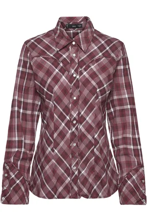 MANGO Check Cotton Shirt Tops Shirts Long-sleeved Burgundy