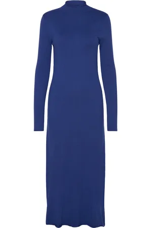 MANGO Perkins-Neck Knitted Dress Knælang Kjole Blue