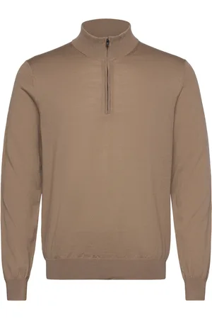 MANGO 100% Merino Wool Sweater With Zip-Neck Tops Knitwear Half Zip Jumpers Brown