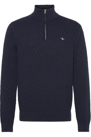 GANT Textured Cotton Half Zip Tops Knitwear Half Zip Jumpers Navy