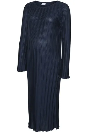Mama;licious Mlcalvia Ls Plisse Midi Dress Knælang Kjole Navy