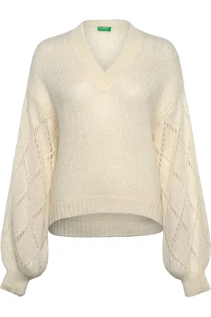 Benetton V Neck Sweater L/S Tops Knitwear Jumpers Cream