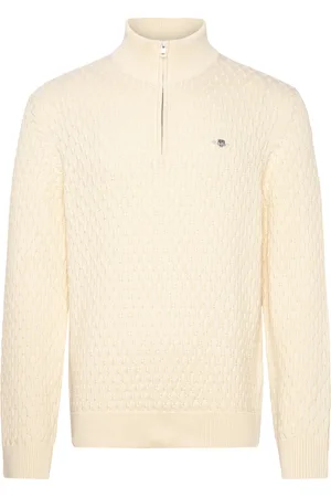 GANT Textured Cotton Half Zip Tops Knitwear Half Zip Jumpers Cream