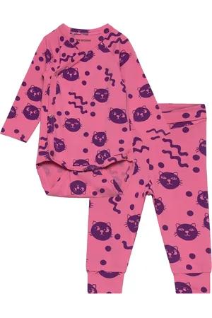 Mini Rodini Squiggly Cats Aop Nb Baby Set Bodies Long-sleeved Pink