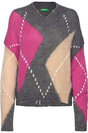 Benetton V Neck Sweater L/S Tops Knitwear Jumpers Grey