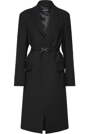 MANGO Structured Double Fabric Coat With Belt Uldfrakke Frakke Black