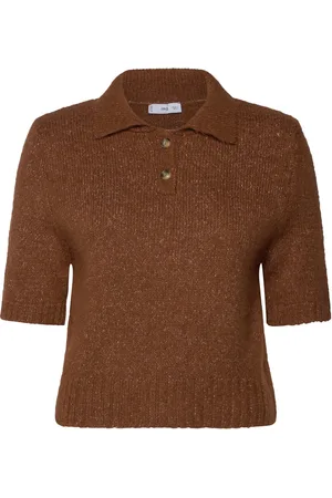 MANGO Knitted Polo Shirt With Ribbed Details Tops Knitwear Jumpers Brown