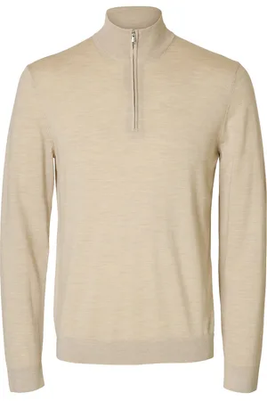 SELECTED Slhtray Ls Knit Merino Half Zip Noos Tops Knitwear Half Zip Jumpers Beige