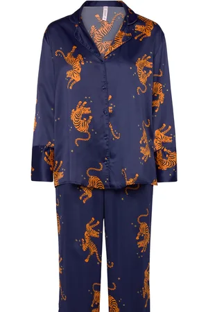 Hunkemöller Pj Ls Satin Print Pyjamas Nattøj Navy