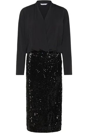 BUBBLEROOM Sequin Trumpet Sleeve Midi Dress Knælang Kjole Black