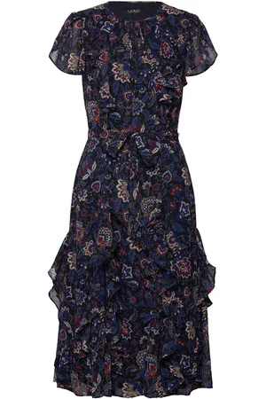 Ralph Lauren Floral Ruffle-Trim Georgette Dress Knælang Kjole Navy