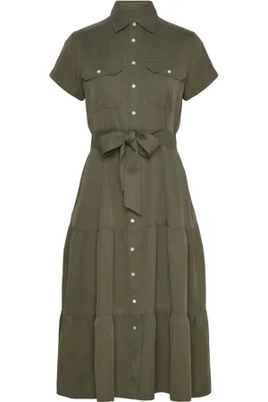 Ralph Lauren Belted Tiered Shirtdess Knælang Kjole Khaki Green