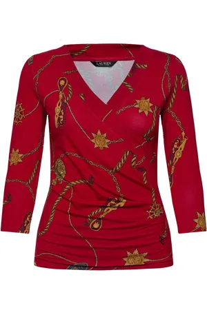 Ralph Lauren Belting-Print Jersey Surplice Top Tops T-shirts & Tops Long-sleeved Red