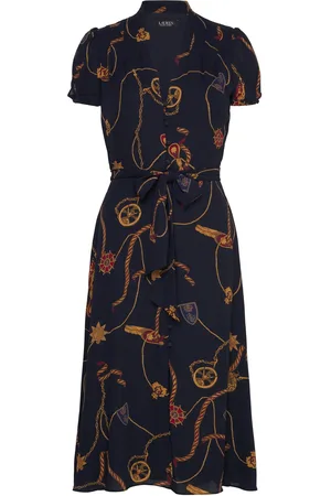 Ralph Lauren Print Belted Georgette Puff-Sleeve Dress Knælang Kjole Navy