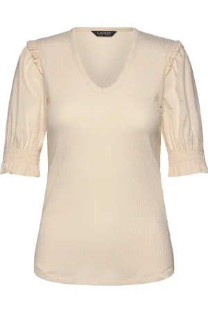Ralph Lauren Rib-Knit Cotton-Blend Puff-Sleeve Top Tops T-shirts & Tops Short-sleeved Cream