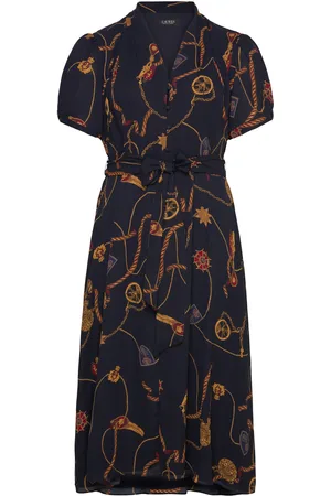 Ralph Lauren Print Belted Georgette Puff-Sleeve Dress Knælang Kjole Navy