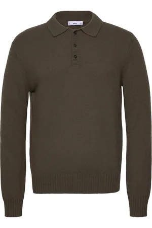 MANGO Polo Collar Wool Sweater Tops Knitwear Long Sleeve Knitted Polos Khaki Green
