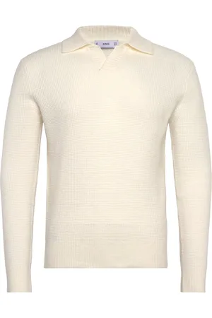 MANGO Knitted Structured Check Polo Sweater Tops Knitwear Long Sleeve Knitted Polos Cream