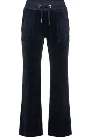 Juicy Couture Tonal Embro Velour Patch Pocket Wide Leg Bottoms Sweatpants Navy