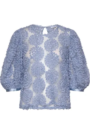 BUBBLEROOM Nadja 3D Flower Puff Sleeve Blouse Tops Blouses Short-sleeved Blue