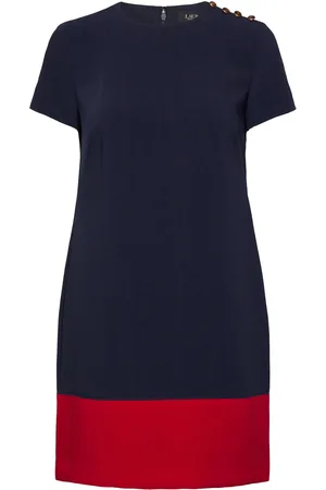 Ralph Lauren Two-T Button-Trim Crepe Shift Dress Kort Kjole Navy