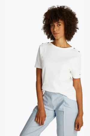 Tommy Hilfiger Reg Stripe Gold Btn C-Nk Ss Tops T-shirts & Tops Short-sleeved White