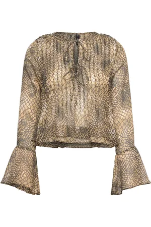 MANGO Puffed-Sleeve Printed Shirt Tops Shirts Long-sleeved Beige