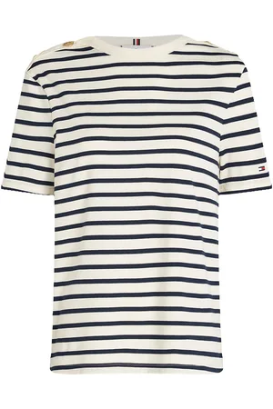 Tommy Hilfiger Reg Stripe Gold Btn C-Nk Ss Tops T-shirts & Tops Short-sleeved Navy