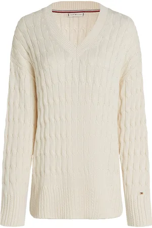Tommy Hilfiger Soft Co Cable Rlx V-Nk Ls Swt Tops Knitwear Jumpers Cream