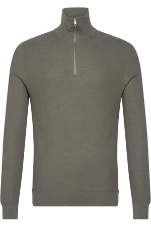 MANGO Microstructure Sweater With Zipper Collar Tops Knitwear Half Zip Jumpers Khaki Green