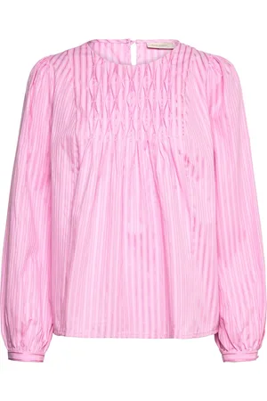 Freequent Blouse From Freequent In A Light Material With Stripes And Smocking On The Front Tops Blouses Long-sleeved Pink
